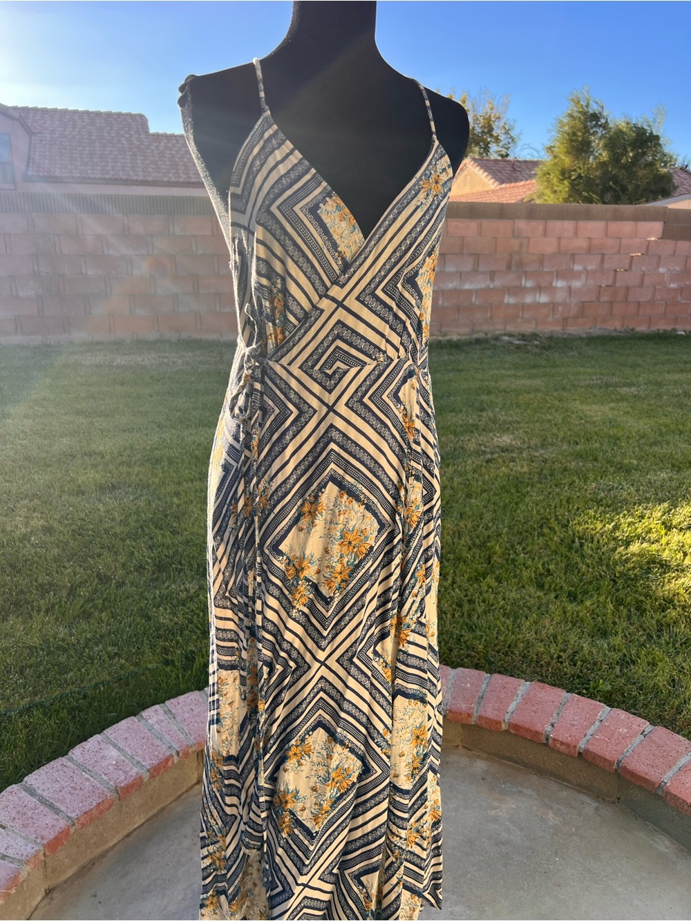O’Neill Spaghetti Strap Maxi Dress in Navy and Yellow Geometric Floral